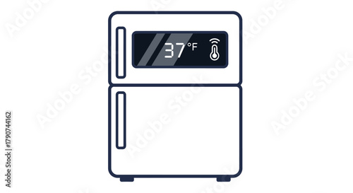 A modern refrigerator displays a temperature of 37 degrees Fahrenheit on its digital screen.