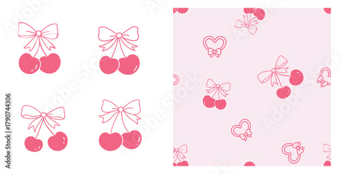 Cute cherry bow seamless pattern vector, pastel pink background with ribbon hearts and cherries outline, coquette fruit illustration for fabric, wrapping, and wallpaper