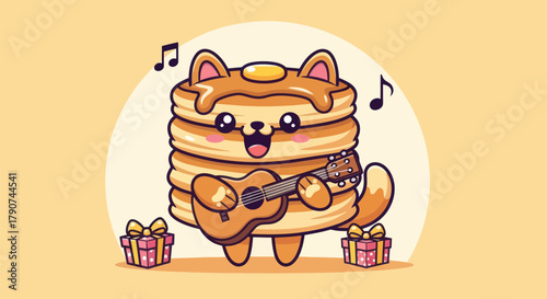 Cartoon cat pancake playing guitar with gifts creative illustration