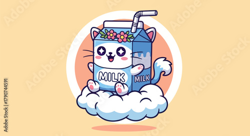 Cartoon cat mascot with milk carton on cloud vector illustration