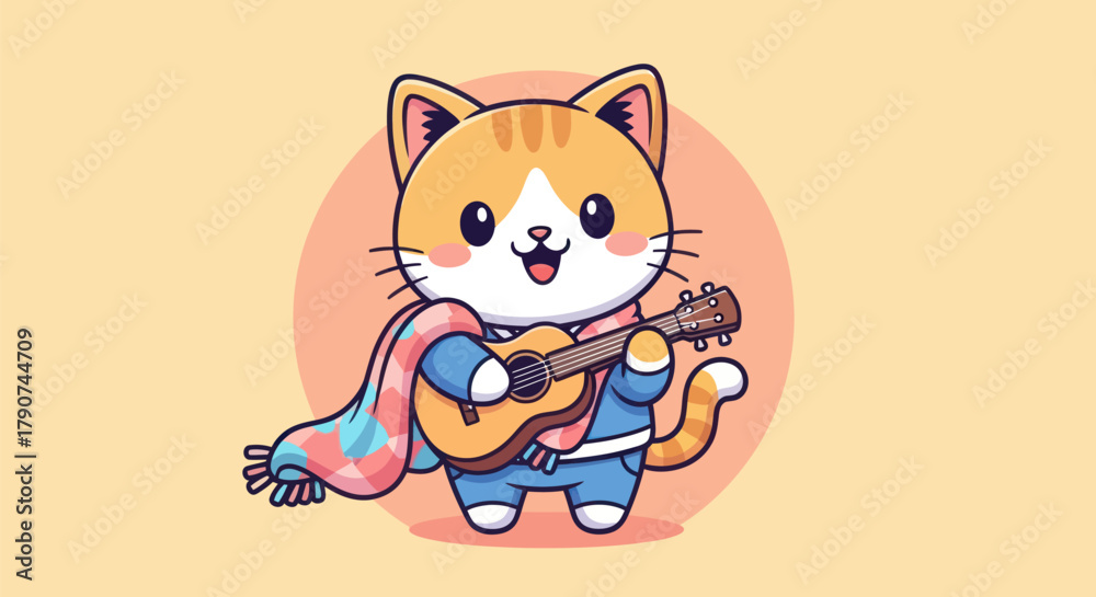 Obraz premium Cartoon cat playing guitar with scarf musical theme on yellow background