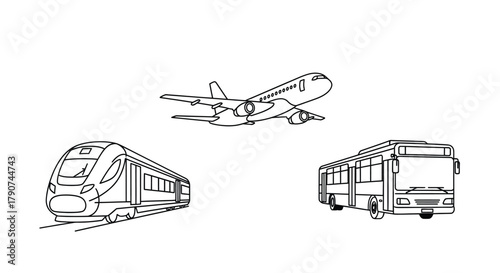 An airplane flies above a train and a bus.