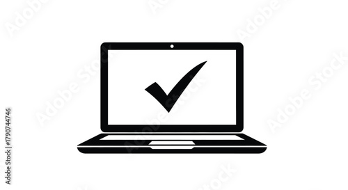 A laptop displays a black checkmark on its screen against a white background.