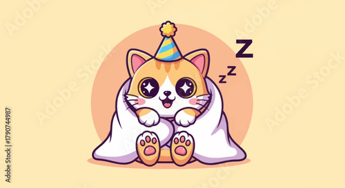 Cartoon cat resting wrapped in blanket wearing party hat on yellow background