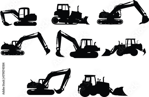 Construction vehicle silhouettes, excavator, bulldozer, tractor, heavy machinery, industrial equipment, earth mover, digger, loader, icon set, black graphic