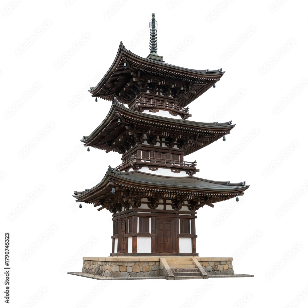 Fototapeta premium Traditional Japanese Pagoda With Multiple Tiers And Dark Wooden Accents Isolated On A Black Background With Stone Foundation