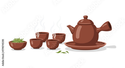 A brown ceramic teapot and four cups are arranged with loose tea leaves and fresh tea.