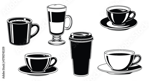 A collection of different coffee cups and mugs, presented in black and white.