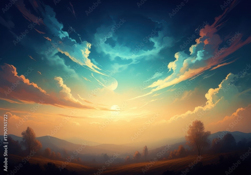 Fototapeta premium Dramatic sunset sky with wispy clouds isolated on white background