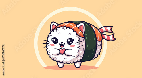 Cartoon cat sushi illustration vector design on beige background