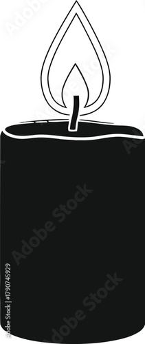 A lit black candle with a bright flame against a white background.