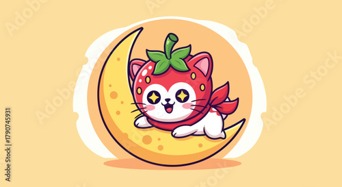 Cartoon cat wearing strawberry on crescent moon over yellow background