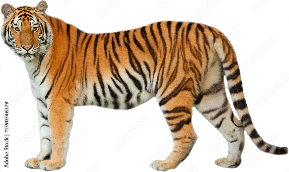 Obraz premium Tiger PNG isolated on a Transparent background, Side view, tiger standing full body HD image generated by Ai. 