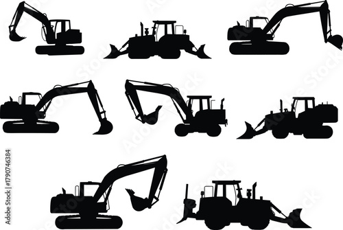 Silhouettes of construction vehicles, excavators, bulldozers, heavy machinery, industrial equipment, black outline, white background, engineering, machinery, transportation,