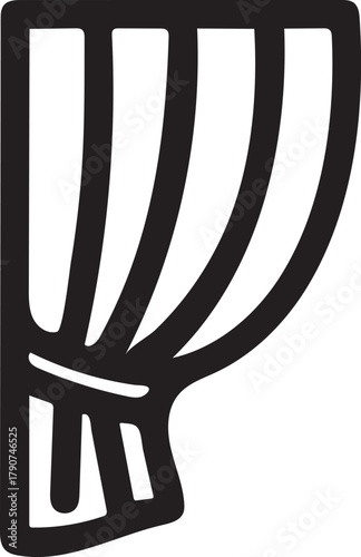 Black outline illustration of a partially opened curtain with flowing folds on a white background drapes