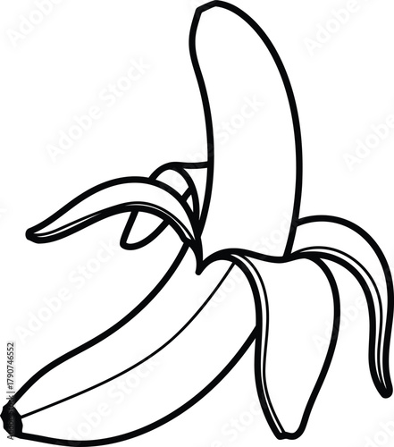 Banana illustration, showcasing its curved shape and partially peeled skin for simple coloring book