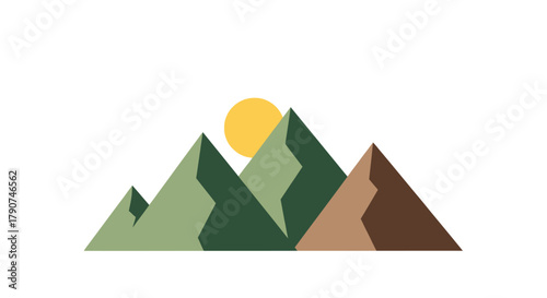 Geometric mountains with a sun setting behind them.