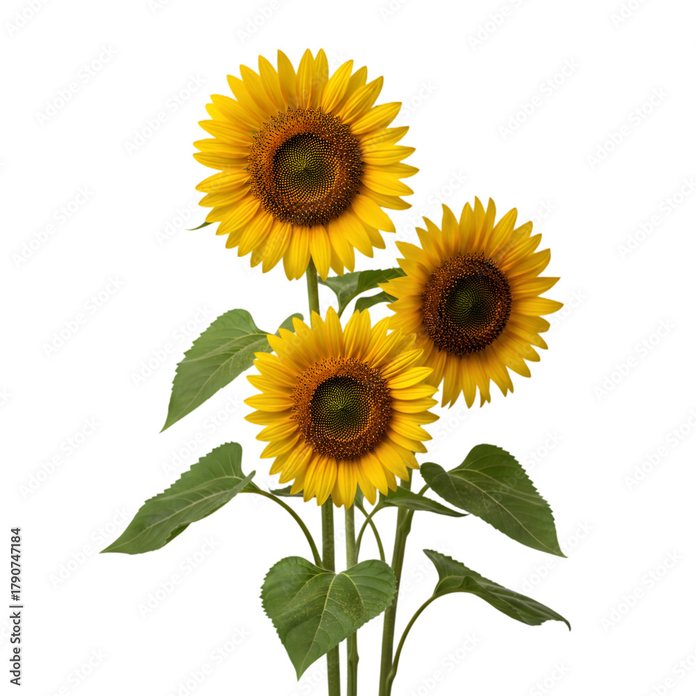 Fototapeta premium Three bright yellow sunflowers with green leaves on a transparent background natural lighting detailed petals vibrant colors botanical beauty summer bloom
