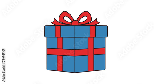 A blue gift box with a red ribbon is shown on a white background.