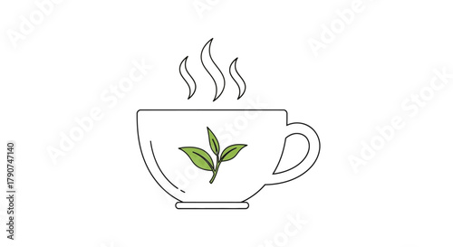 A steaming cup of tea with green leaves on the side is depicted.