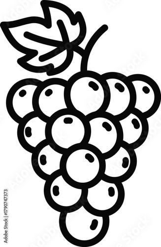 A simple black and white drawing of a bunch of grapes with a leaf, , in outline style for simple coloring book