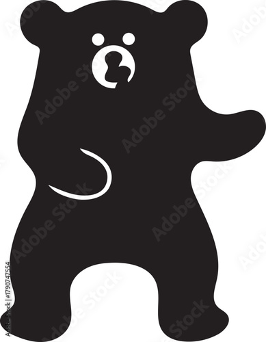 Black silhouette of a cartoon bear with a white mouth and eyes on a white background Keywords: bear, animal, wildlife, cartoon, character, cute, friendly, playful, cub, mammal, forest, nature