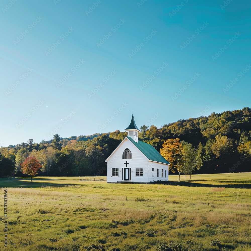 Fototapeta premium realistic countryside church surrounded by green fields and trees