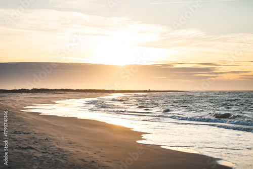 Fototapeta Naklejka Na Ścianę i Meble -  Golden sunset over the wide sandy beach in Skagen, Denmark. Waves gently wash the shore as light reflects across the North Sea horizon