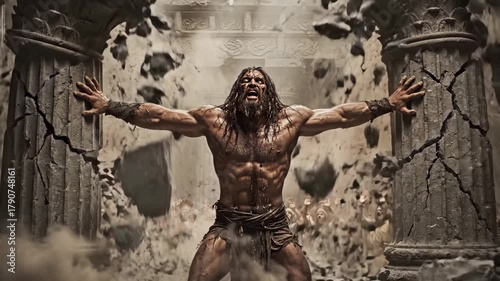 In a grand temple, a powerful hero stands against the forces of nature. Lightning strikes as he displays immense strength, showcasing the struggle of good versus evil.