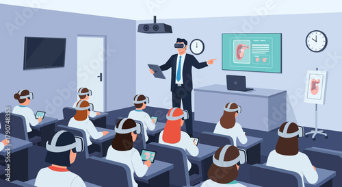 Immersive learning environment vector illustration featuring virtual reality education in a