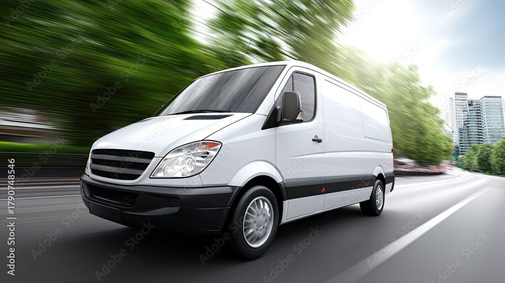 Fototapeta premium A large delivery van speeds along a city street, flanked by sleek glass buildings and lined with trees, showcasing urban life.