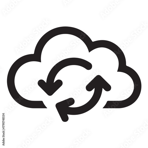 Illustration of cloud computing with arrows, symbolizing data synchronization and backup isolated on white background