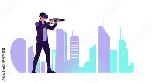 Immersive Virtual Reality Gaming Experience in a Futuristic Cityscape Illustration