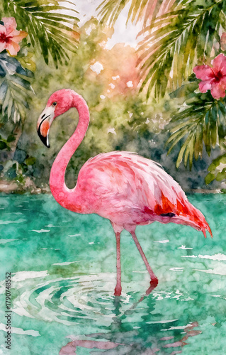 A pink flamingo walks on blue water among palm leaves and red hibiscus flowers. Watercolor painting, colorful tropical paradise.