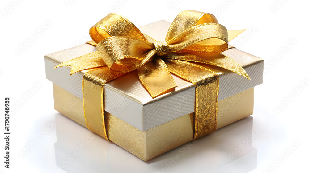Obraz premium Gold Gift Box with Gold Ribbon and Bow on White Background present birthday