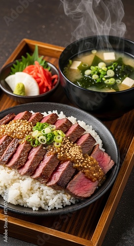 Wallpaper Mural A Japanese meal features grilled steak over rice, miso soup, pickled ginger, and wasabi on a wooden tray. Steam rises Torontodigital.ca