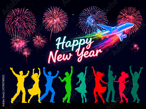 Happy New Year celebration with colorful dancing silhouettes, festive fireworks, and an airplane flying with a rainbow trail