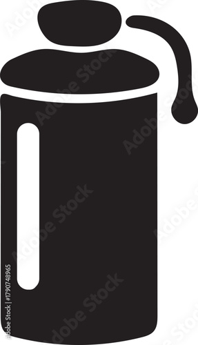 Black silhouette of a French press coffee maker with a handle and a spout on a white background Keywords: French press, coffee maker, coffee pot, brewing, hot beverage, caffeine, kitchenware