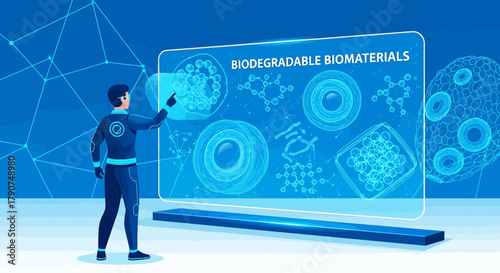Innovative engineer interacting with a futuristic display of biodegradable biomaterials analysis