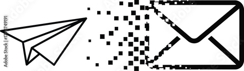 A paper airplane transforms into pixels as it approaches an envelope.