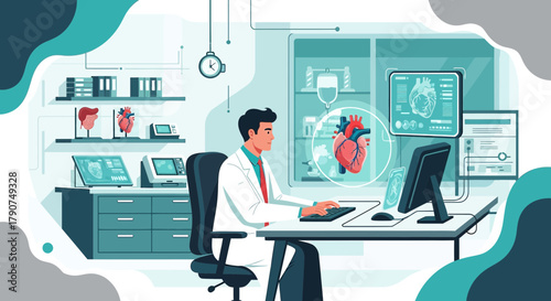 Innovative healthcare solution: doctor using technology to analyze a human heart in a futuristic