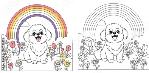 Fluffy Puppy Smiling in a Flower Garden Under a Rainbow - Cute Coloring Page for Kids and Pet Lovers