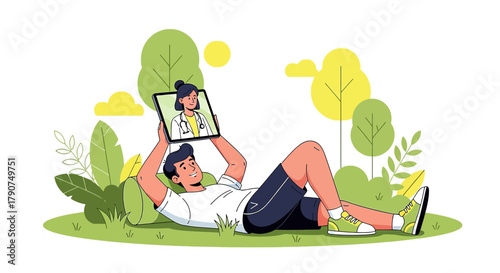 Man Consults Doctor Online via Tablet in Relaxing Outdoor Setting for Healthcare