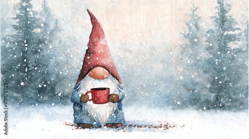 A charming Christmas gnome illustrated in watercolor, featuring festive colors and a cozy holiday spirit