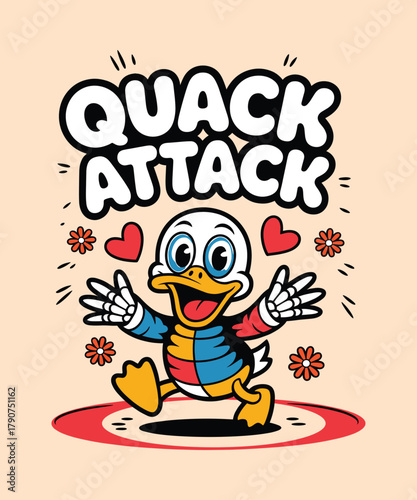 Cartoon duck quack attack illustration vector art graphic design for kids and nursery decor print 100 char