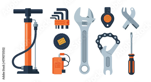 A collection of bicycle maintenance tools including a pump, wrenches, and a chain tool.