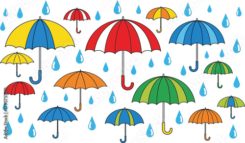 A collection of colorful umbrellas scattered among falling raindrops illustration.