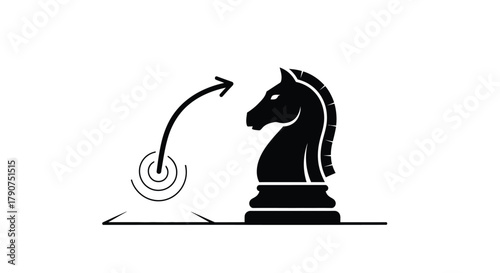 A black chess knight piece moves with an arrow indicating its path on a white background.