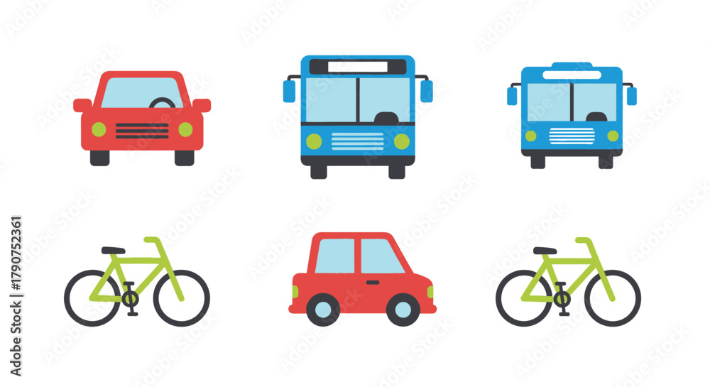 Naklejka premium A collection of cars, buses, and bicycles are depicted against a white background.