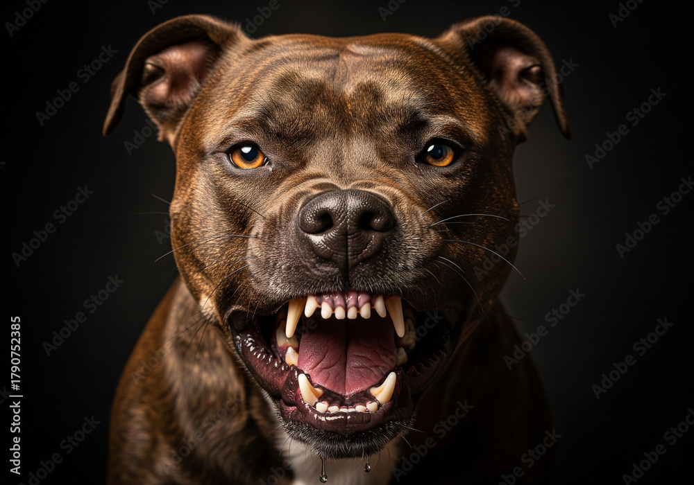 Fototapeta premium Aggressive Brown Pit Bull Dog Snarling and Baring Teeth on a Dark Background